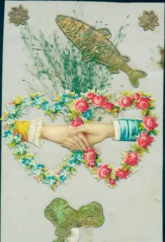 Zelluloid Ak Glückwunsch 1. April, Händedruck, Rosen, Vergissmeinnicht, Fisch