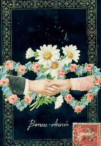Zelluloid Ak Glückwunsch Neujahr, Händedruck, Margeriten, Rosen, Vergissmeinnicht