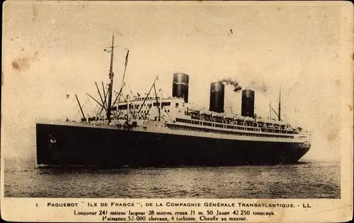 Ak Paquebot Ile de France, CGT, French Line