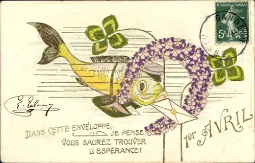Präge Ak 1. April, Ier Avril, Vermenschlichter Fisch als Postbote, Hufeisen, Kleeblätter