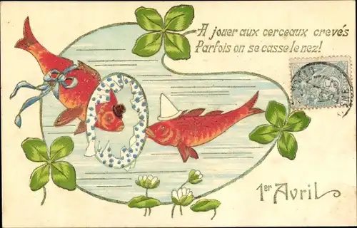 Präge Ak 1. April, Ier Avril, Vermenschlichte Fische, Kleeblätter