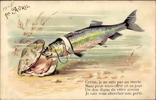 Litho 1. April, 1er Avril, Fisch mit Monokel schaut in eine Muschel