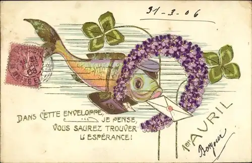 Präge Ak 1. April, 1er Avril, Vermenschlichter Fisch als Postbote, Hufeisen, Kleeblätter