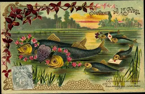 Präge Litho 1. April, 1er Avril, Fische, Blumen, Briefe