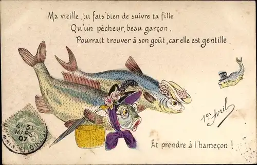 Präge Litho 1. April, 1er Avril, Vermenschlichte Fische