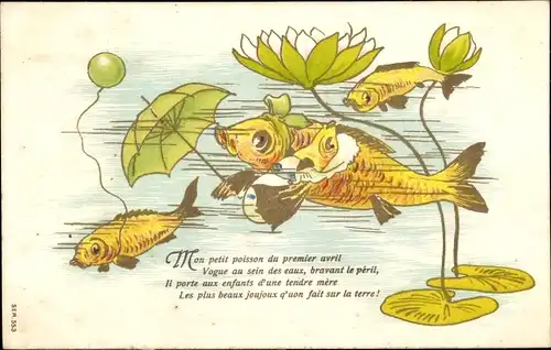 Ak Vermenschlichte Fische, Mutter mit Kindern, Regenschirm, Luftballon