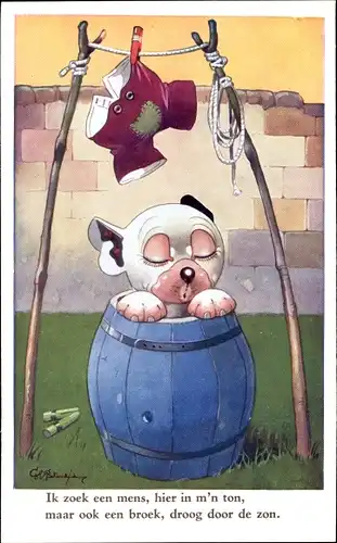 Künstler Ak Studdy, George, E., Bonzo the Dog, Hund im Fass