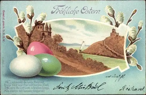Präge Ak Glückwunsch Ostern, Ostereier, Weidenkätzchen, Landschaft