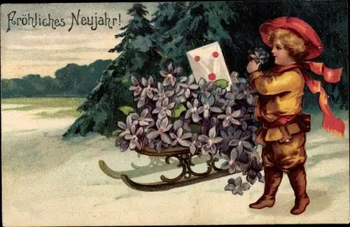 Litho Junge, Schlitten mit Veilchen, Winterlandschaft