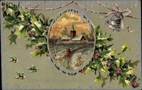 Präge Ak Glückwunsch Weihnachten, Stechpalme, Glocke, Kirche