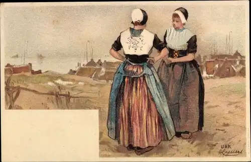 Künstler Litho Cassiers, Urk, Ortschaft, zwei Frauen in niederländischen Volkstrachten