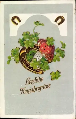 Ak Glückwunsch Neujahr, Pilz, Hufeisen, Glücksklee