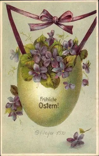 Präge Ak Glückwunsch Ostern, Osterei, Veilchen, Schleife