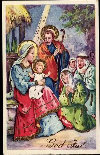 Ak Glückwunsch Weihnachten, Maria, Jesus, Josef, Betende Männer