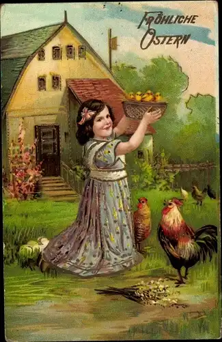 Präge Ak Glückwunsch Ostern, Mädchen, Küken im Korb, Hühner