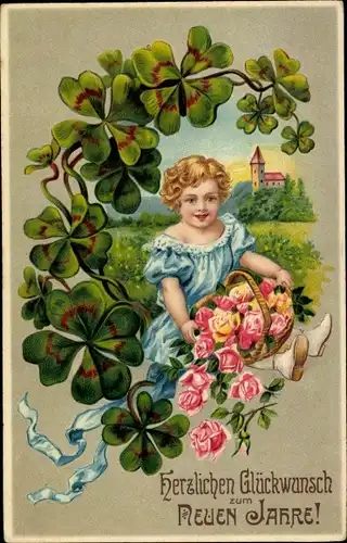 Litho Glückwunsch Neujahr, Kind, Rosenblüten, Kleeblätter