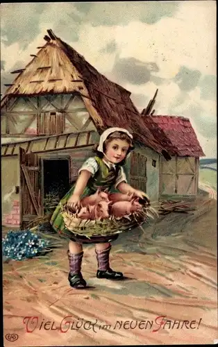 Ak Glückwunsch Neujahr, Mädchen, Schweine im Korb, Vergissmeinnicht
