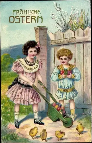 Ak Glückwunsch Ostern, Kinder, Küken, Schubkarre, Ostereier