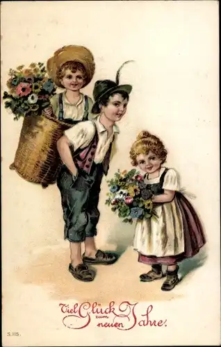 Präge Ak Glückwunsch Neujahr, Kinder, Blumenstrauß, Korb