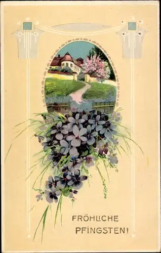 Präge Ak Glückwunsch Pfingsten, Dorfpartie, Veilchen
