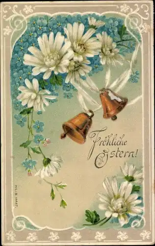 Präge Passepartout Ak Glückwunsch Ostern, Glocken, Weiße Blumen, Vergissmeinnicht