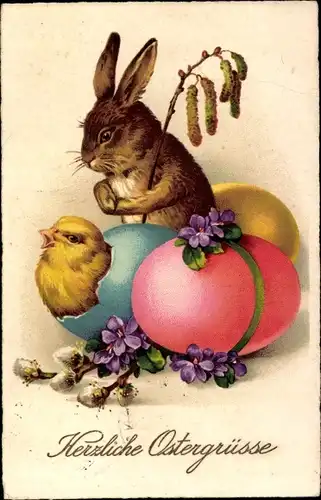 Ak Glückwunsch Ostern, Osterhase und Küken