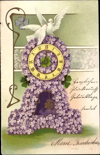 Präge Litho Glückwunsch Neujahr, Uhr aus Veilchenblüten, Kleeblätter, Tauben