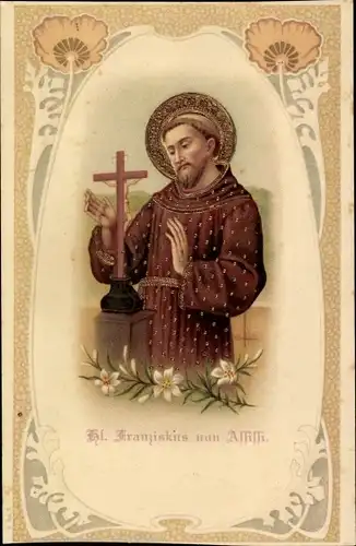 Ak Heiliger Franz von Assisi, Kreuz, Blumen