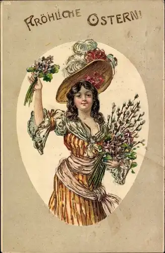 Präge Ak Glückwunsch Ostern, Mädchen mit Weidenkätzchen, Hut