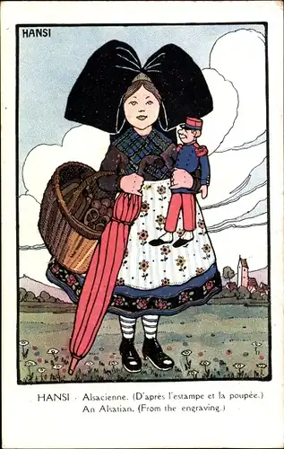 Künstler Ak Hansi, Mädchen in elsässer Volkstracht mit Puppe