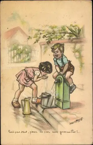 Künstler Ak Mädchen schöpft Wasser, Eimer, Wasserkrug