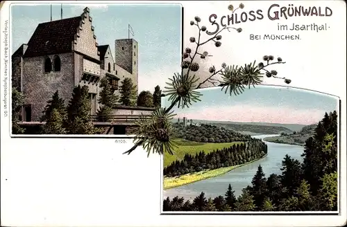 Litho Grünwald im Landkreis München Oberbayern, Schloss Grünwald, Isartal