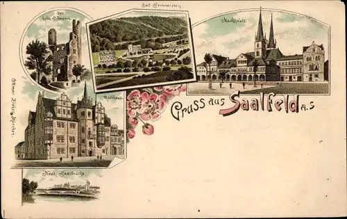 Litho Saalfeld an der Saale Thüringen, Neue Saalbrücke, Marktplatz, Rathaus