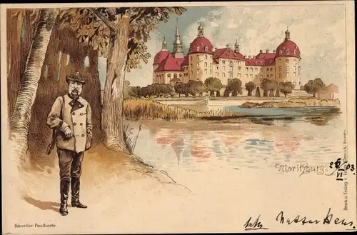 Litho Moritzburg in Sachsen, König Albert von Sachsen in Jagdmontur, Jagdschloss