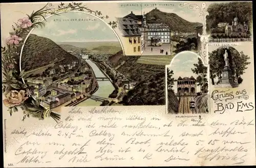 Litho Bad Ems an der Lahn, Kurhaus Kaiser-Wohnung, Bahn, Kaiserdenkmal