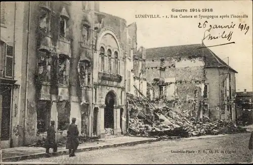 Judaika Ak Lunéville Lothringen Meurthe et Moselle, Rue Castara et Synagogue après l'incendie