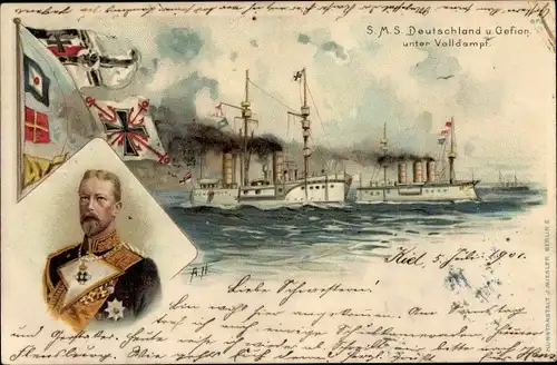 Litho Deutsches Kriegsschiff, SMS Deutschland, Gefion, Großadmiral Prinz Albert Wilhelm Heinrich