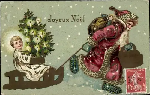 Ak Glückwunsch Weihnachten, Weihnachtsmann zieht Schlitten mit Jesuskind und Tannenbaum