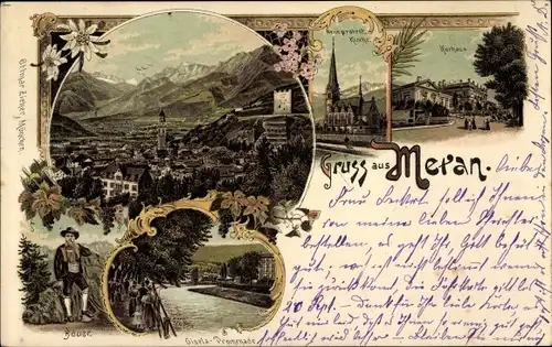 Litho Meran Merano Südtirol, Bauer, Gisela-Promenade, Kurhaus, Kirche