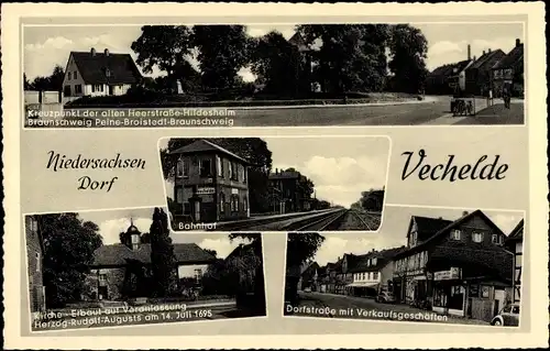 Ak Vechelde Niedersachsen, Bahnhof, Gleisansicht, Dorfstraße mit Verkaufsgeschäften, Kreuzpunkt