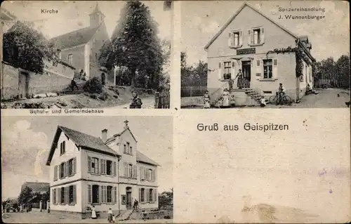 Ak Geispitzen Elsass Haut Rhin, Spezereihandlung, Kirche, Schul- und Gemeindehaus