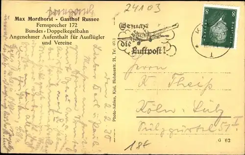 Ak Russee Kiel Schleswig Holstein, Gasthof Russee, Doppelkegelbahn