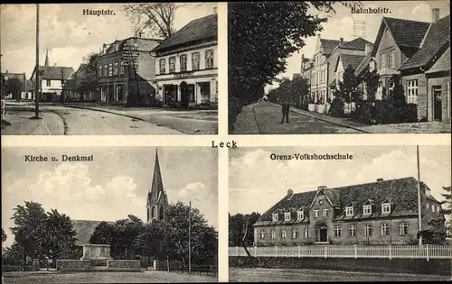 Ak Leck in Nordfriesland, Hauptstraße, Bahnhofstraße, Kirche, Denkmal, Grenz Volkshochschule