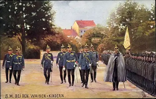 Künstler Ak Kaiser Wilhelm II. bei den Waisenkindern