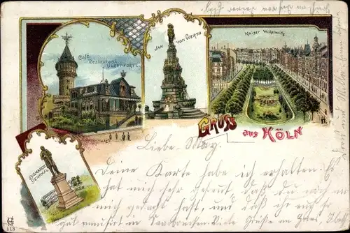 Litho Köln am Rhein, Restaurant Ulrepforte, Jan von Werth, Bismarck Denkmal, Kaiser Wilhelm Ring