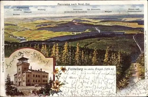 Litho Oberwiesenthal Erzgebirge Sachsen, Panorama nach Nordost, Unterkunftshaus auf d. Fichtelberg