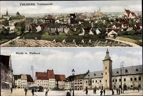 Ak Freiberg in Sachsen, Totalansicht der Stadt, Blick auf den Markt und das Rathaus