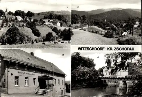 Ak Witzschdorf Gornau im Erzgebirge, Teilansicht, Blick zum Wiesengrund, Gasthof, Zschopaubrücke