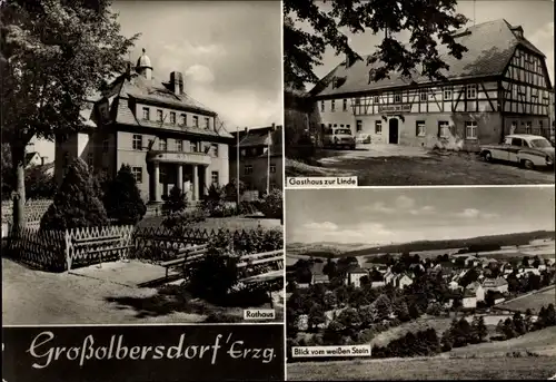 Ak Großolbersdorf im Erzgebirge, Gasthaus zur Linde, Blick vom weißen Stein, Rathaus