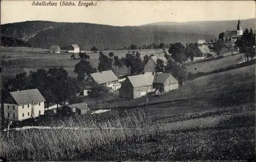 Ak Schellerhau Altenberg Erzgebirge, Blick auf den Ort, Kirche, Felder